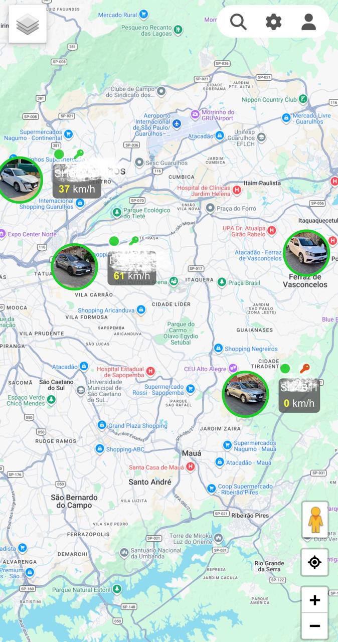 Tela real do aplicativo RPM em um celular, mostrando os veículos no mapa